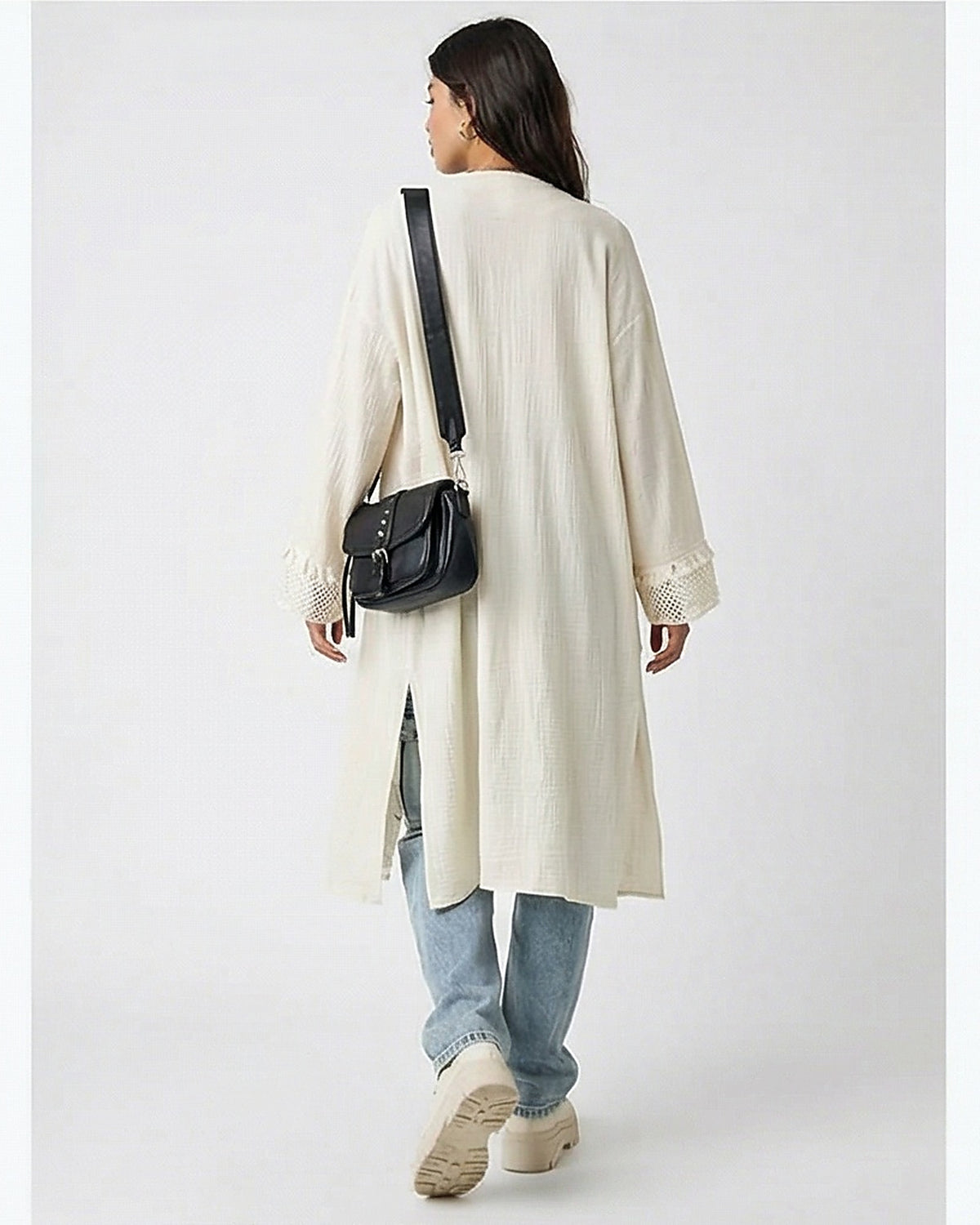 Boho Crochet Detail Longline Cardigan