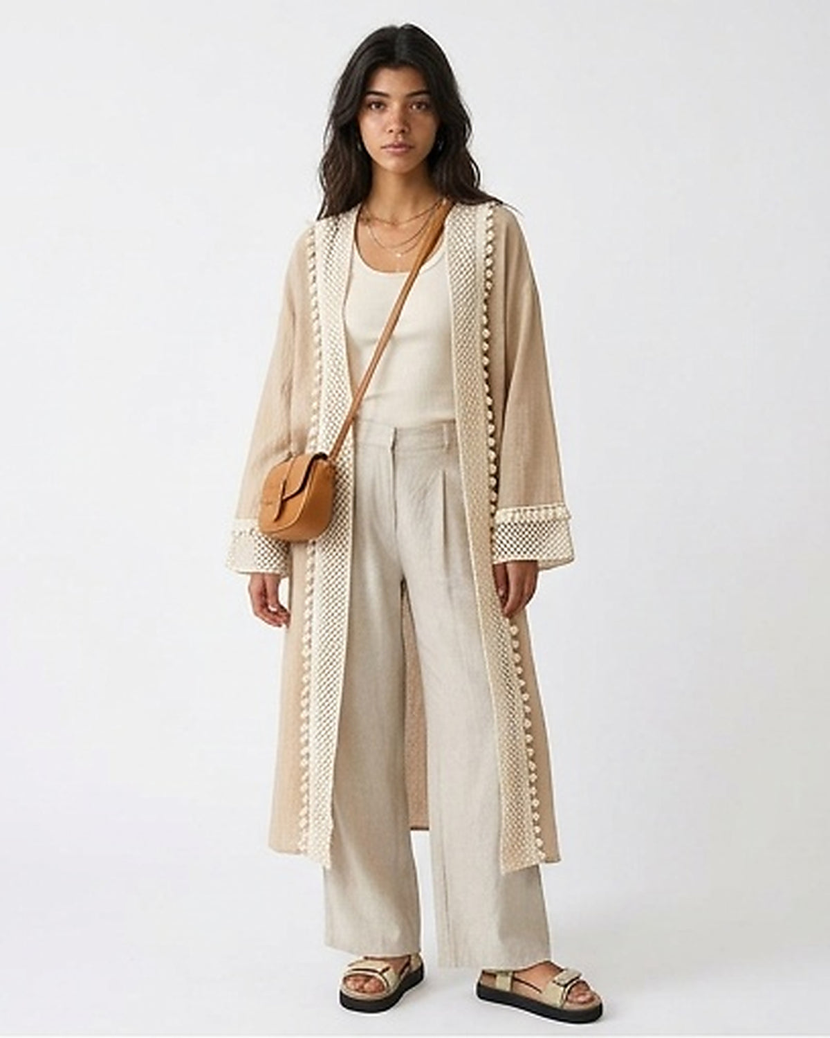 Beige Crochet Trim Longline Summer Cardigan - R217012