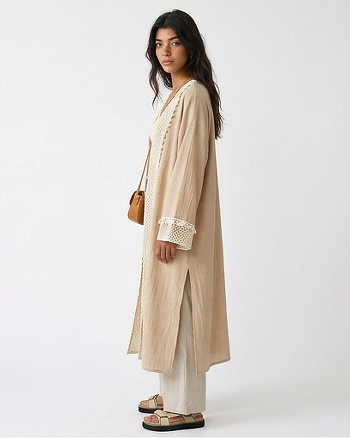 Beige Crochet Trim Longline Summer Cardigan - R217012