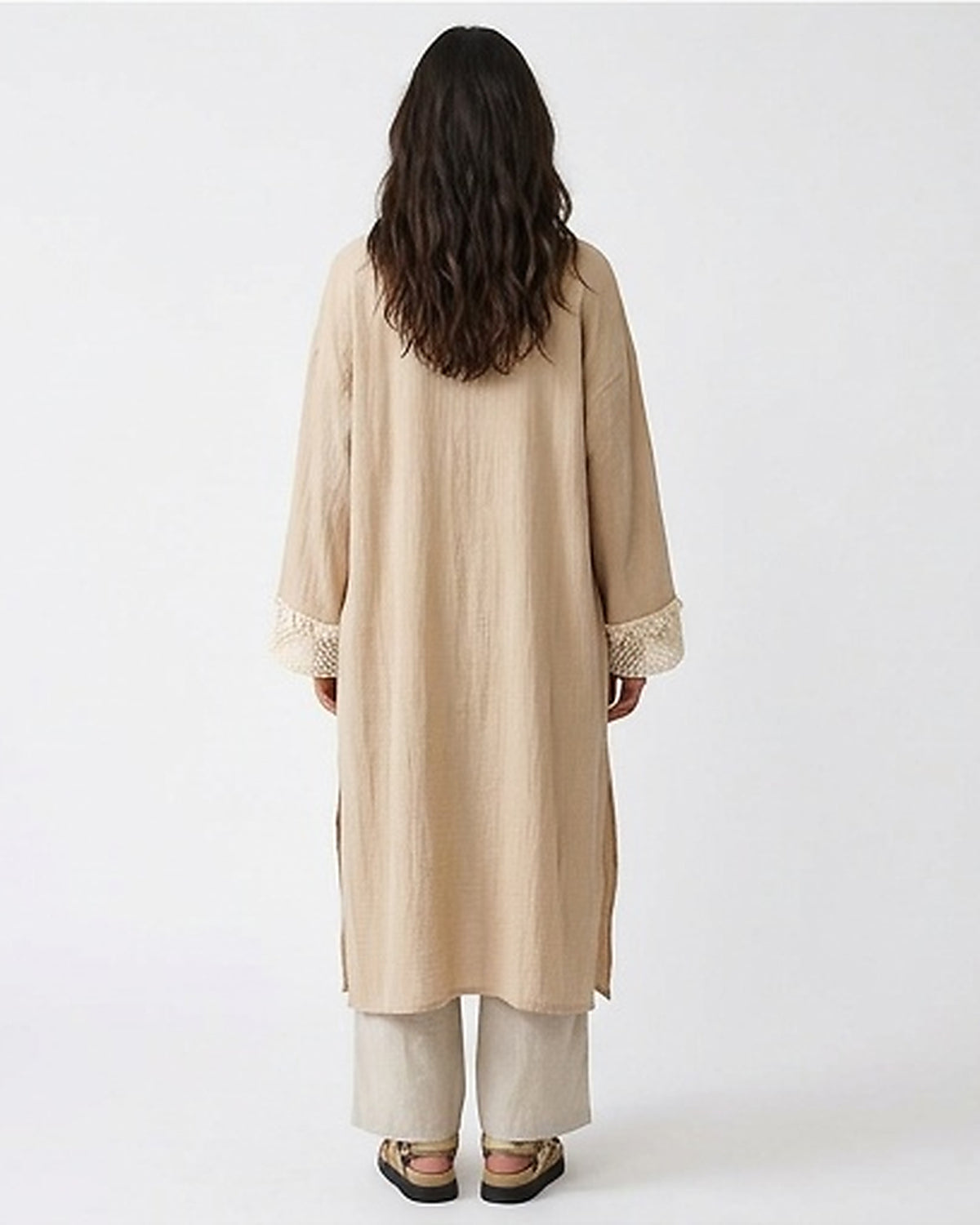 Beige Crochet Trim Longline Summer Cardigan - R217012