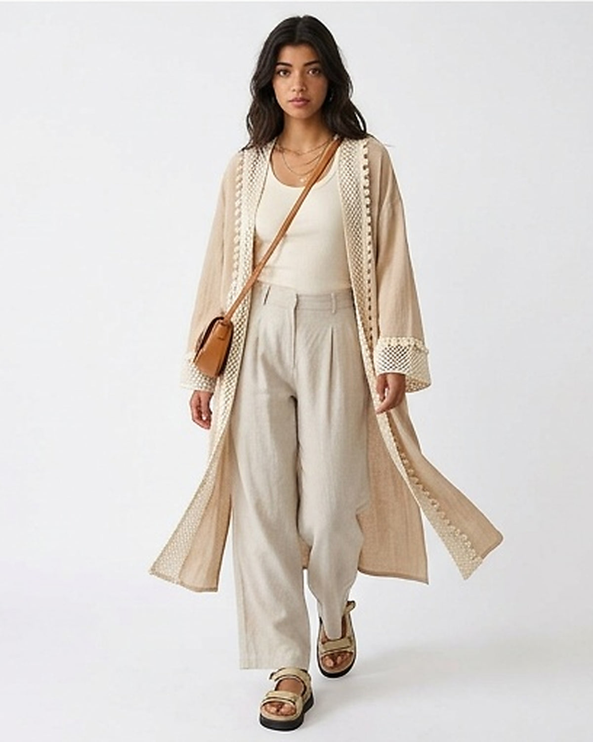 Beige Crochet Trim Longline Summer Cardigan - R217012