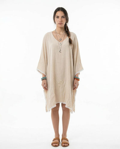 Ravin Pom-Pom Trim V-Neck Boho Tunic Dress – Cream - R217015