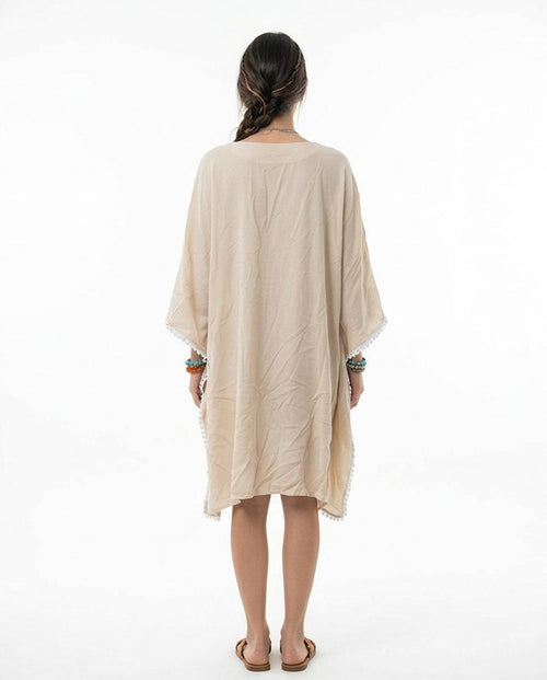 Ravin Pom-Pom Trim V-Neck Boho Tunic Dress – Cream - R217015