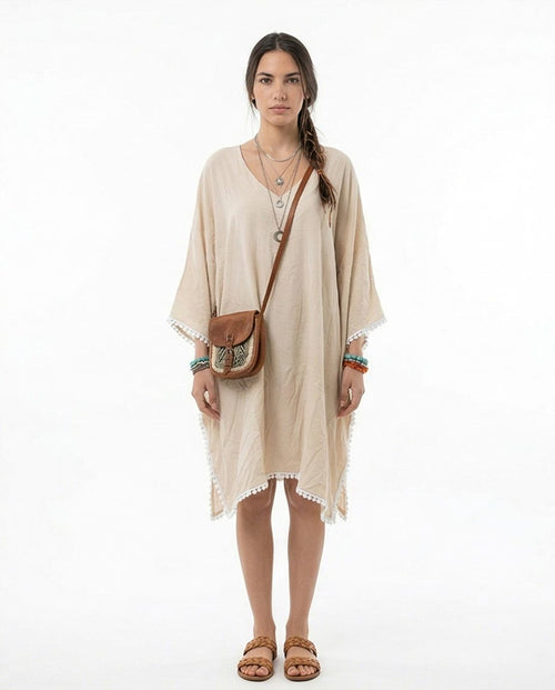 Ravin Pom-Pom Trim V-Neck Boho Tunic Dress – Cream - R217015