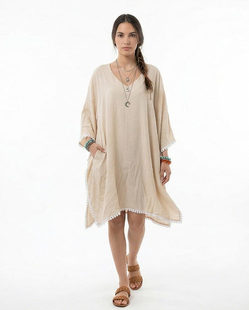 Ravin Pom-Pom Trim V-Neck Boho Tunic Dress – Cream - R217015