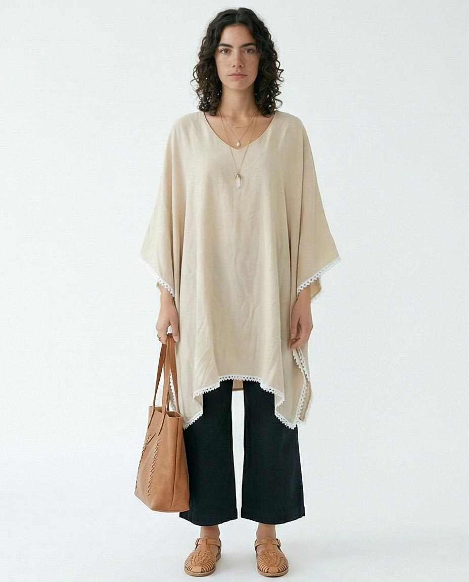 Ravin Lace-Trimmed Handkerchief Hem Kaftan Tunic in Beige - R217016
