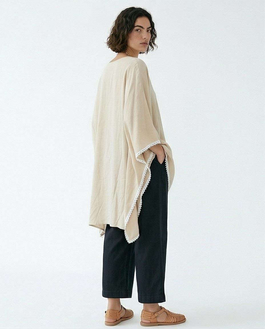Ravin Lace-Trimmed Handkerchief Hem Kaftan Tunic in Beige - R217016