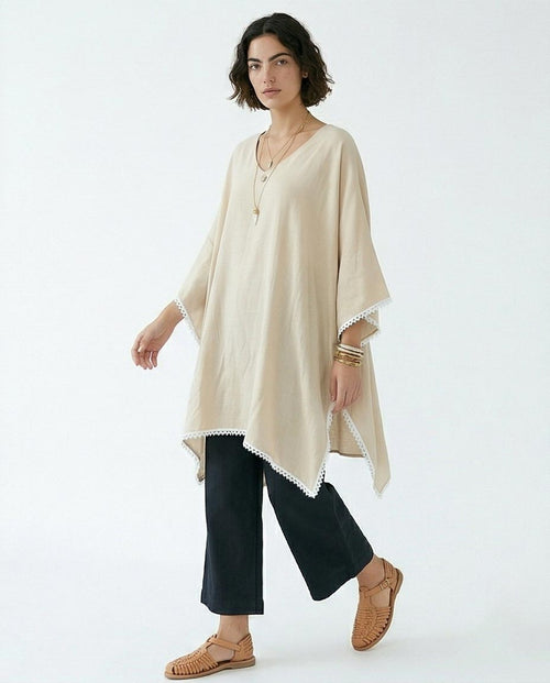 Ravin Lace-Trimmed Handkerchief Hem Kaftan Tunic in Beige - R217016