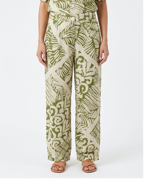 Women's Tan Ginkgo Print Textured Relaxed Trousers - R217026