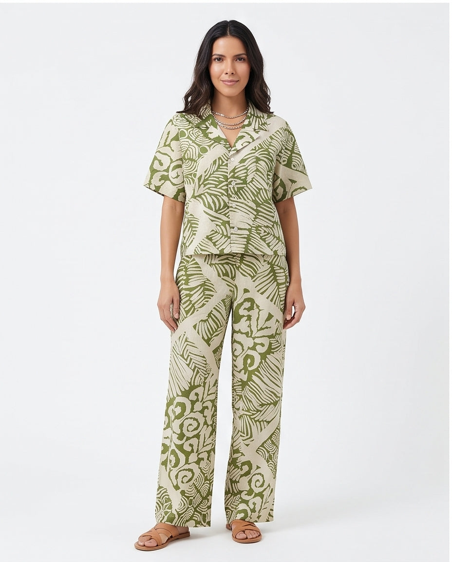 Women's Tan Ginkgo Print Textured Relaxed Trousers - R217026