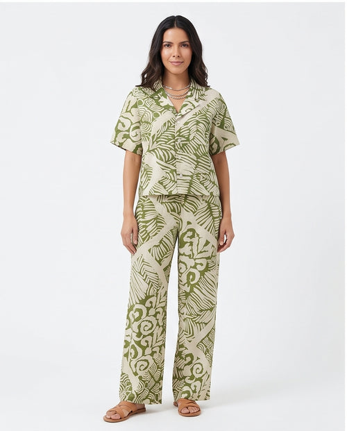 Women's Tan Ginkgo Print Textured Relaxed Trousers - R217026