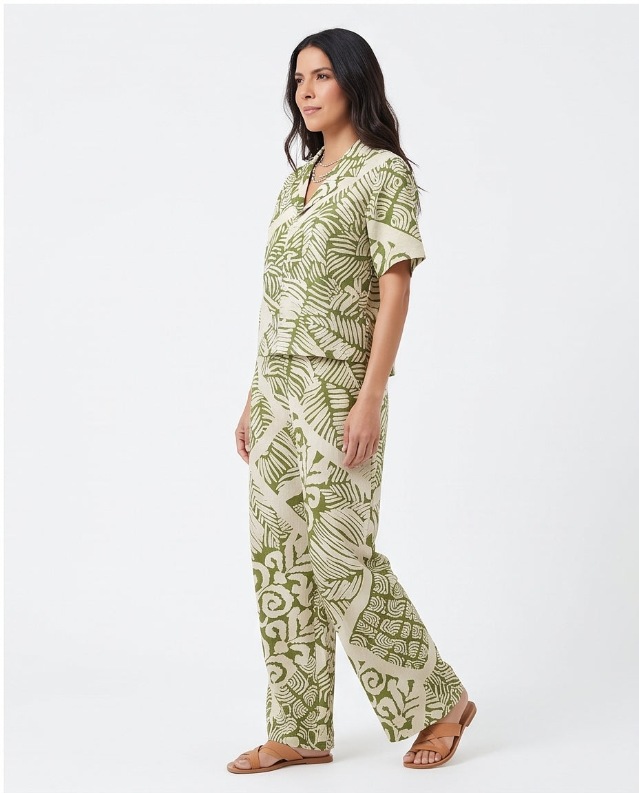 Women's Tan Ginkgo Print Textured Relaxed Trousers - R217026