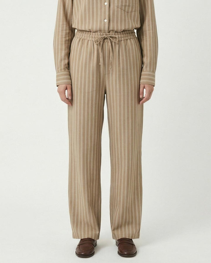 Ravin Striped Wide-Leg Linen-Blend Trousers – Khaki & White - R217034