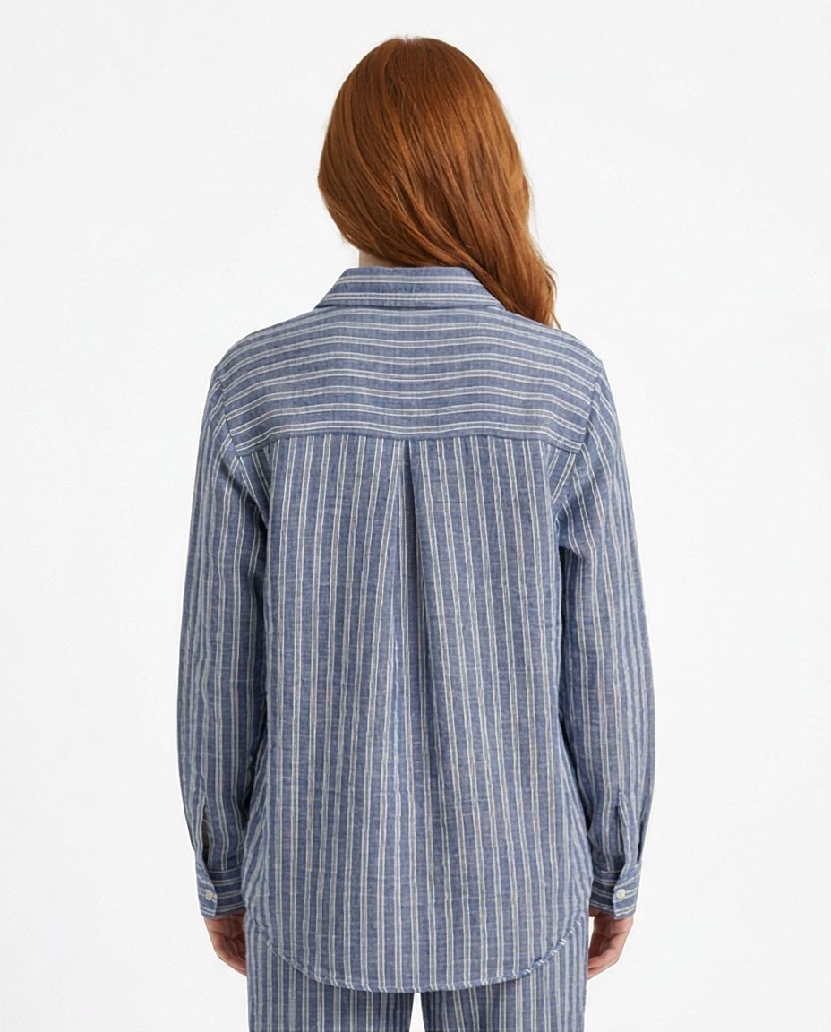 قميص كاجوال بأكمام طويلة ومزيج كتان مخطط باللون الأزرق