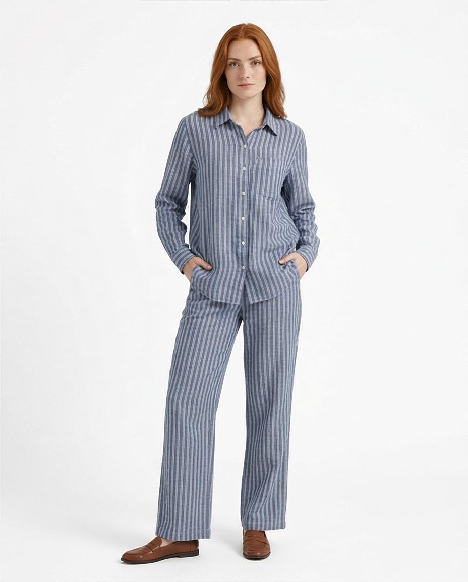 قميص كاجوال بأكمام طويلة ومزيج كتان مخطط باللون الأزرق