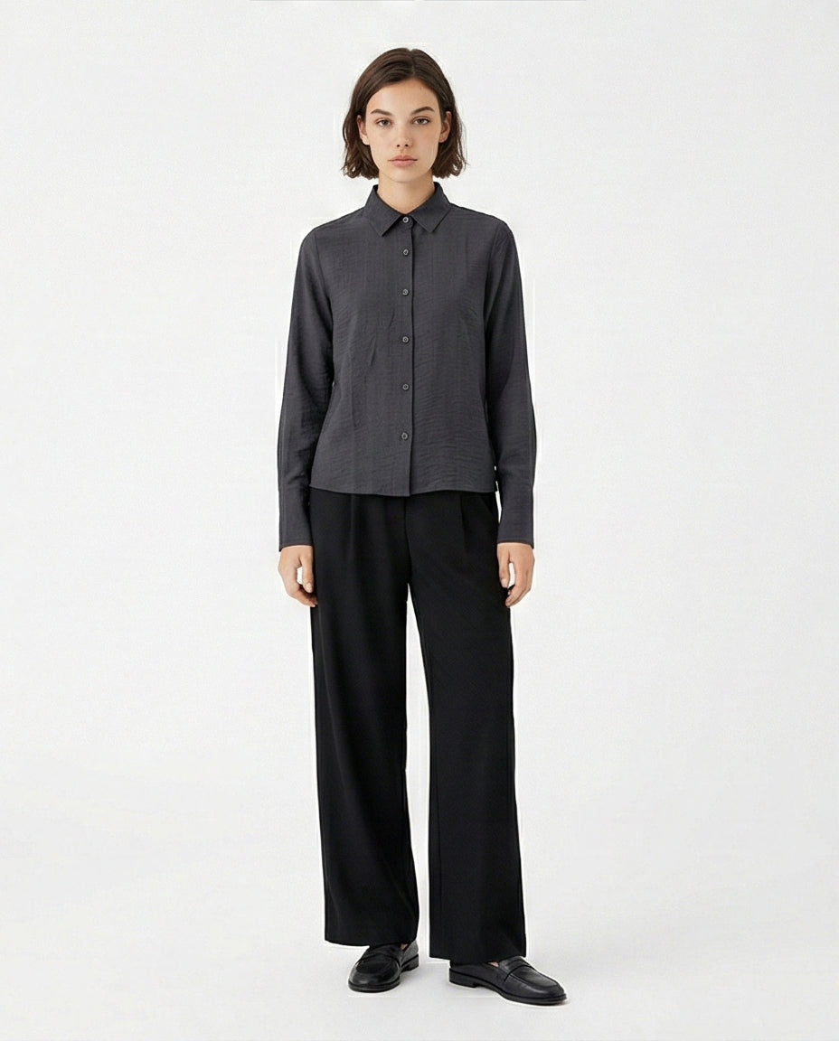 Charcoal Textured Button-Down Long Sleeve Shirt - R217038