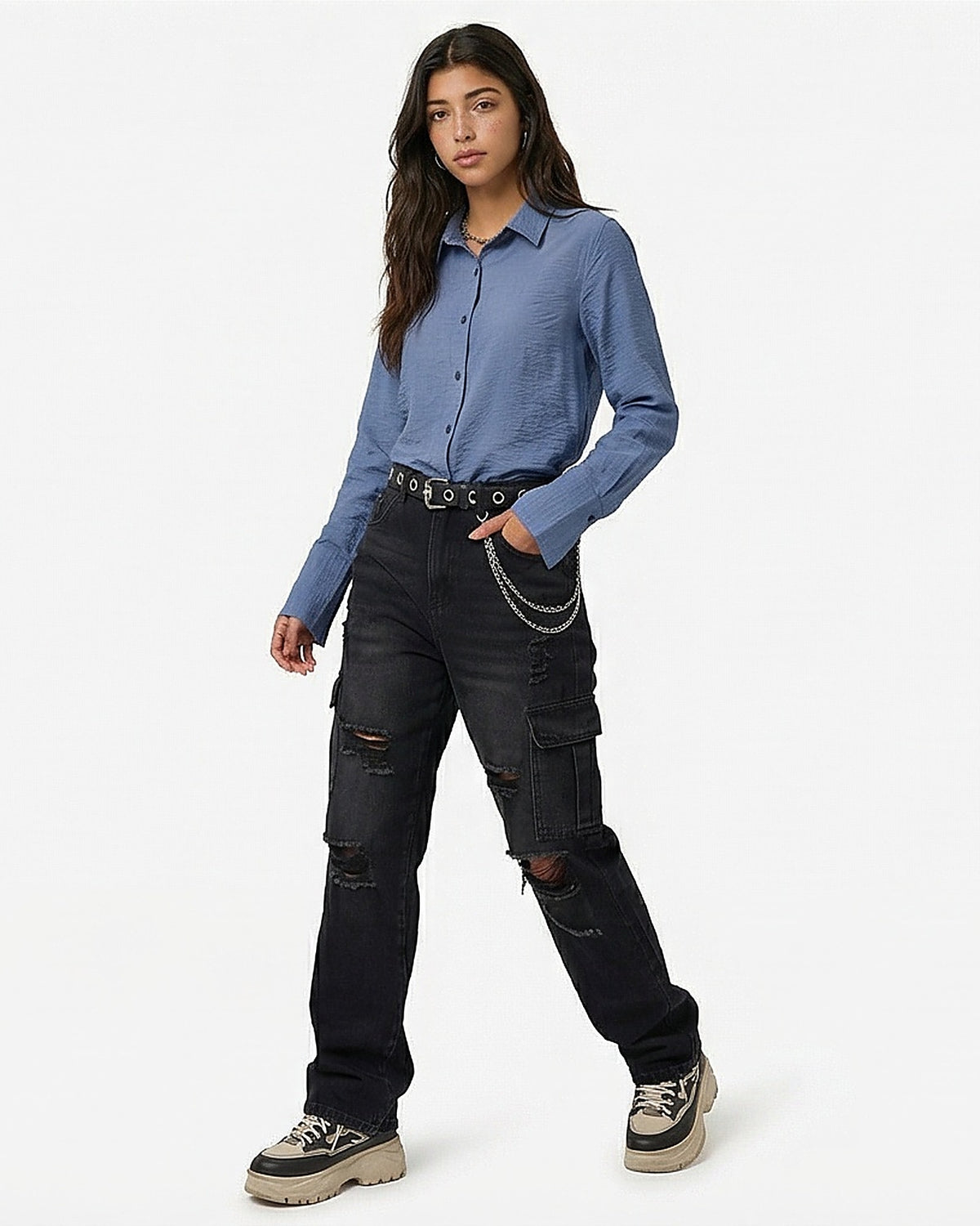 Slate Blue Textured Button-Down Long Sleeve Shirt - R217039