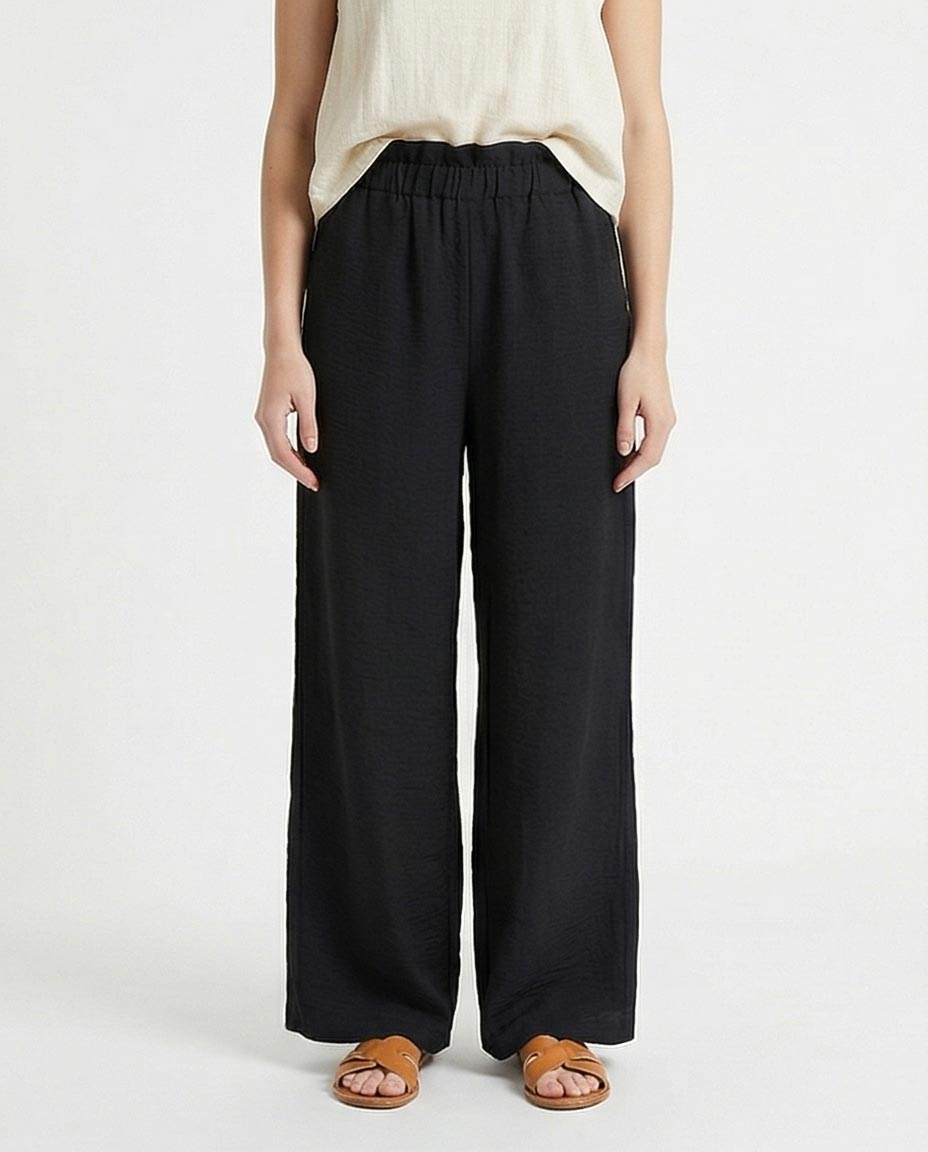 Women's Paperbag High-Waist Linen Trousers - Black Wide Leg Relaxed Fit Pants