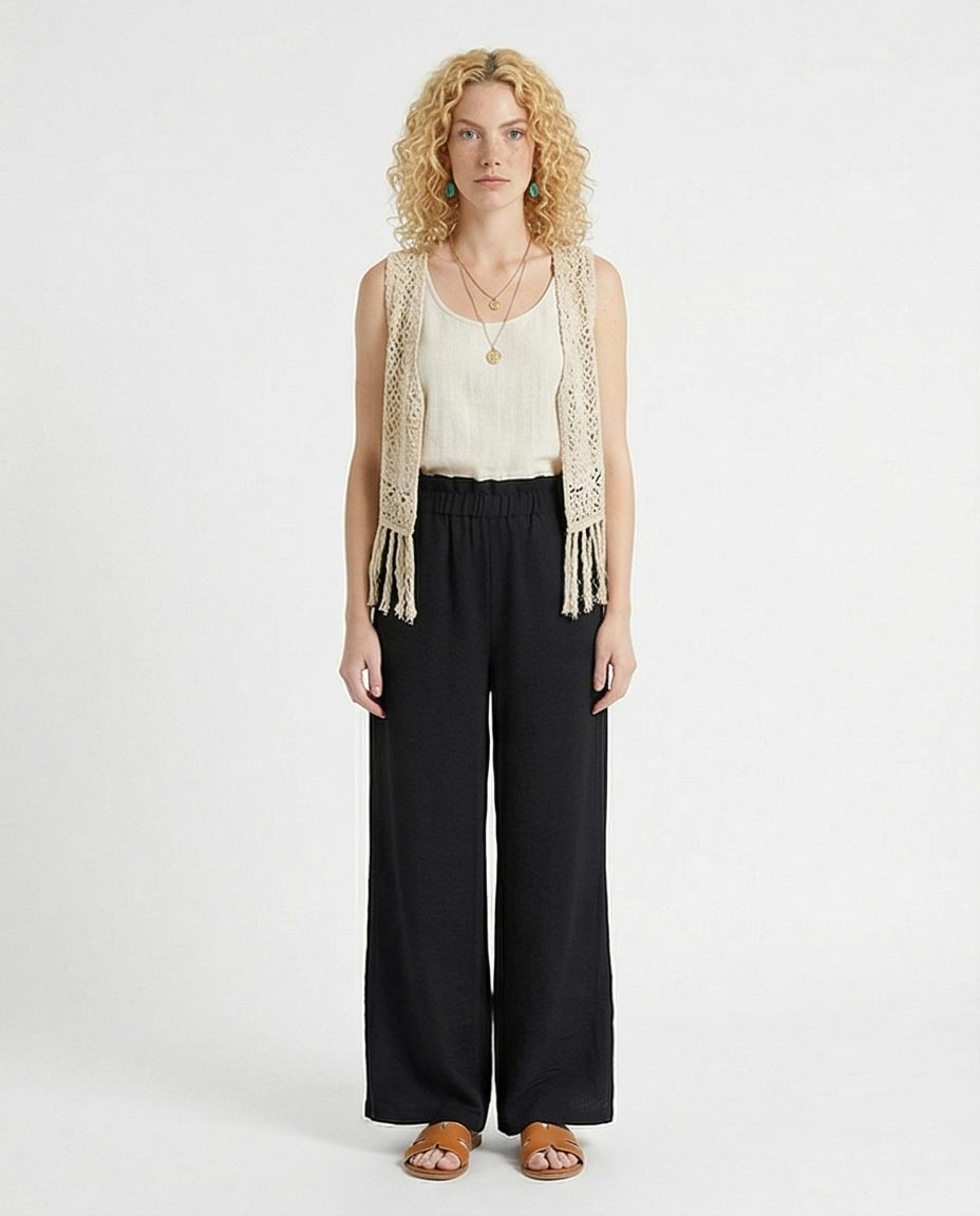Ravin Women’s Paperbag High-Waist Linen Trousers – Black Wide Leg Relaxed Fit Pants - R217072