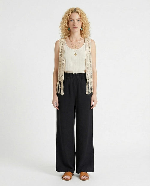 بنطال رافين نسائي بقصة أرجل واسعة وخصر عالي وقصة مريحة من الكتان بستايل بيبر باج - R217072