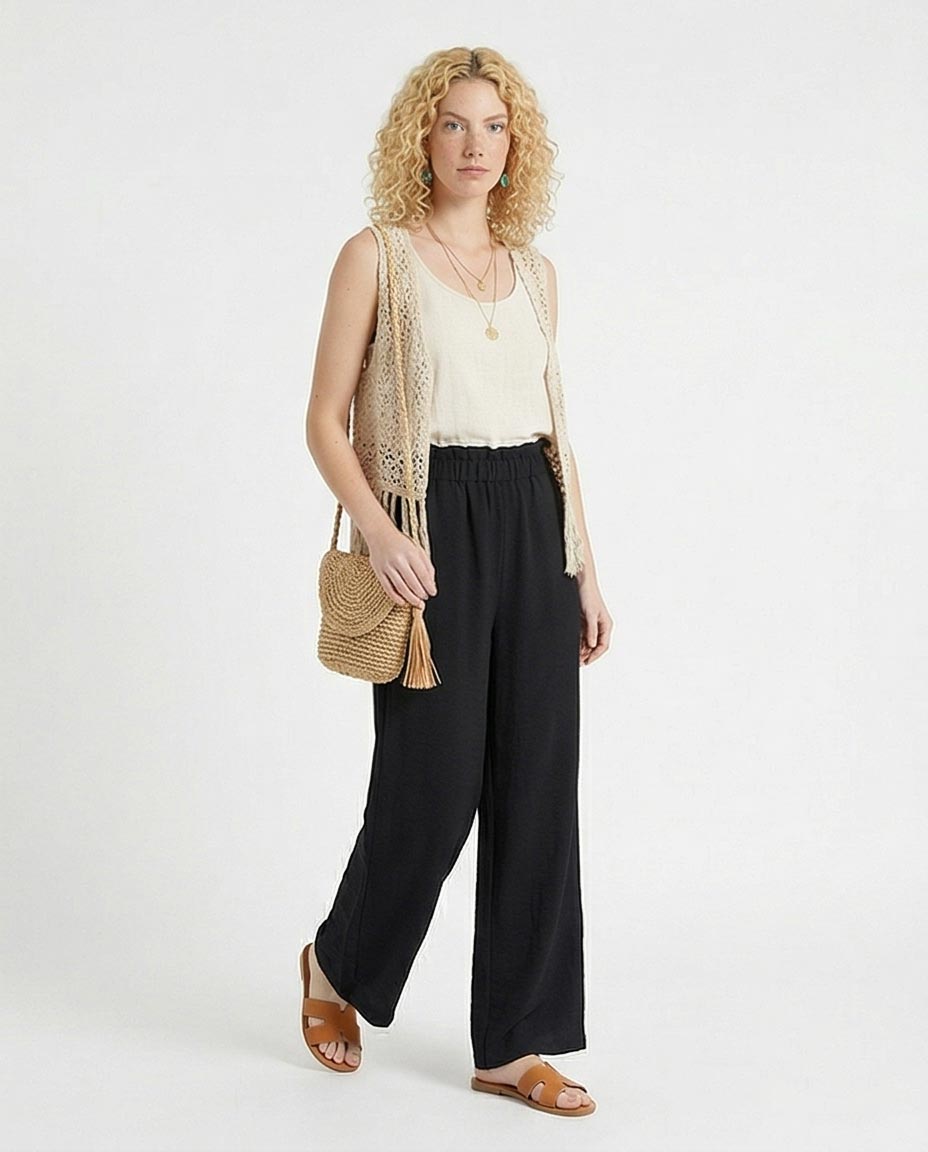 Ravin Women’s Paperbag High-Waist Linen Trousers – Black Wide Leg Relaxed Fit Pants - R217072
