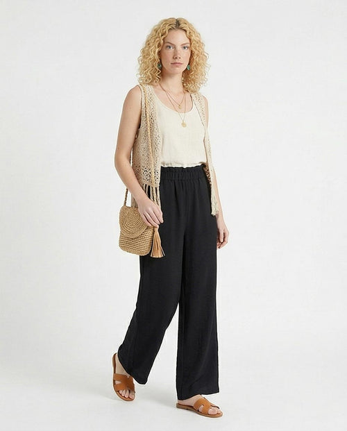 بنطال رافين نسائي بقصة أرجل واسعة وخصر عالي وقصة مريحة من الكتان بستايل بيبر باج - R217072