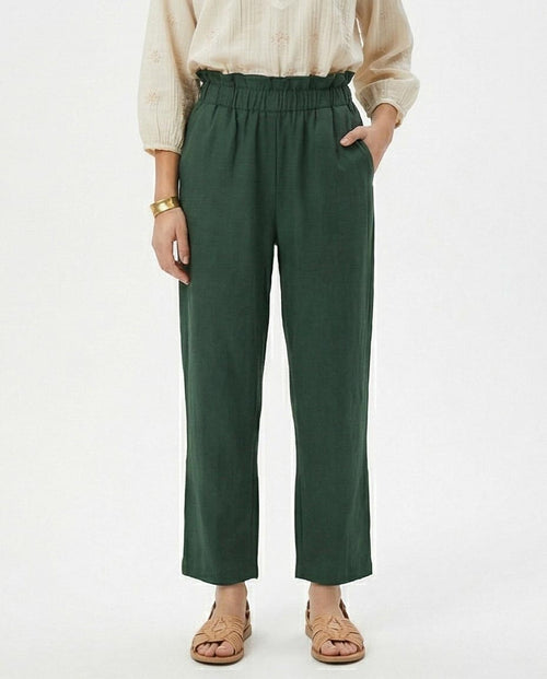 Women's Paperbag High-Waist Linen Trousers - Forest Green Wide Leg Pants - R217073
