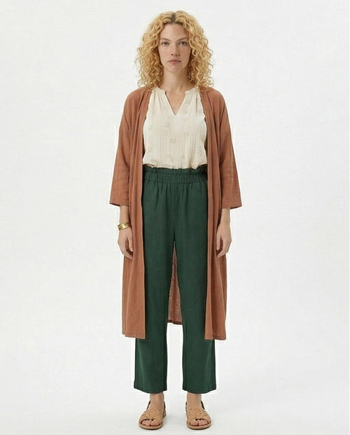 Ravin Women’s Paperbag High-Waist Linen Trousers – Forest Green Wide Leg Pants - R217073-