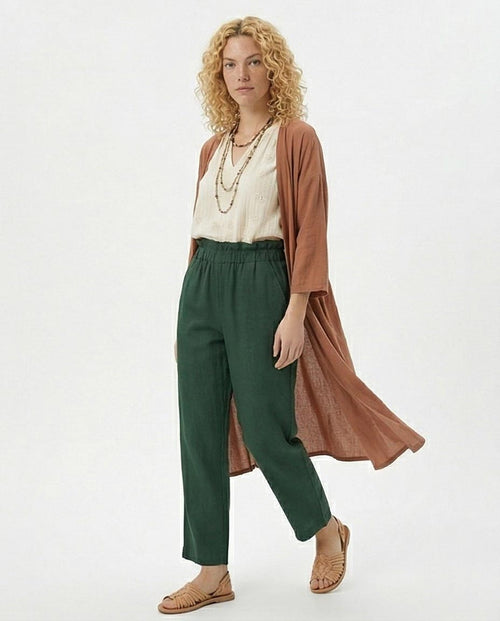 Ravin Women’s Paperbag High-Waist Linen Trousers – Forest Green Wide Leg Pants - R217073-