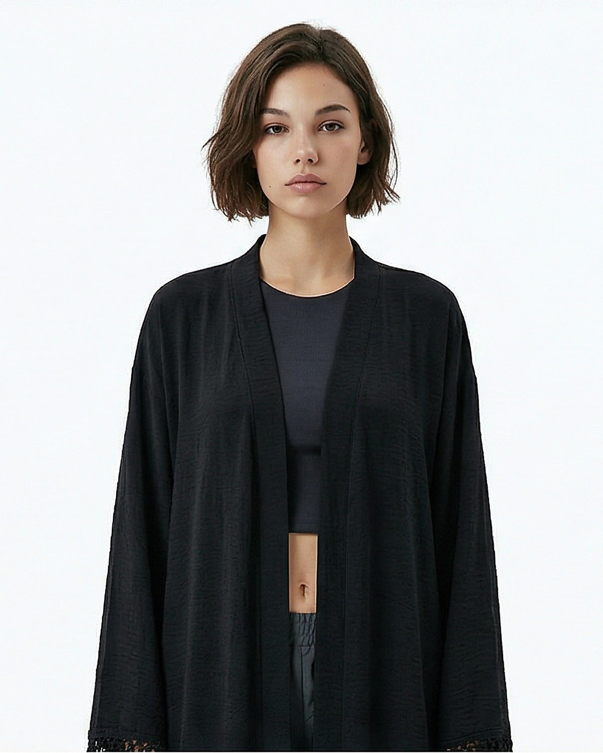 Black Tassel-Cuff Longline Open Cardigan - R217074