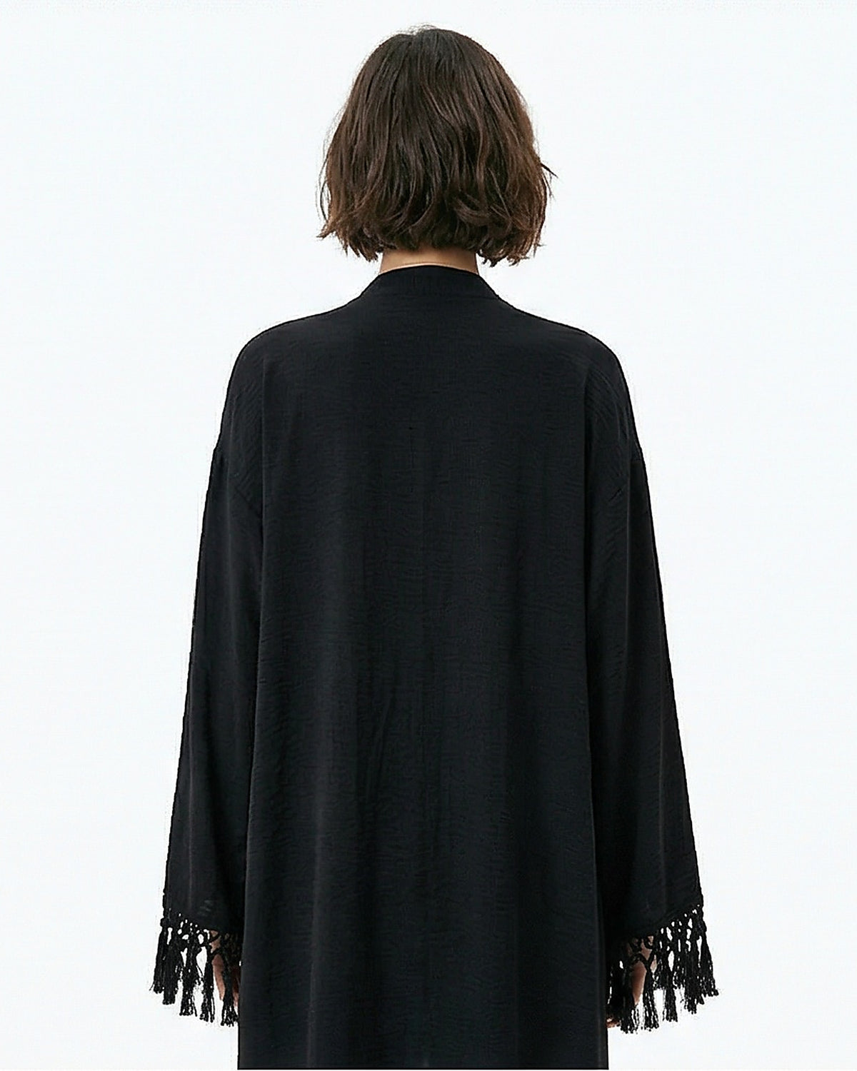 Black Tassel-Cuff Longline Open Cardigan - R217074