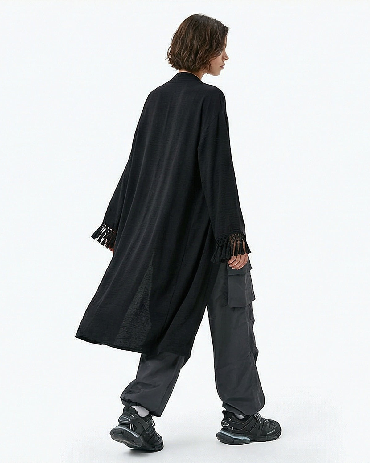 Black Tassel-Cuff Longline Open Cardigan - R217074