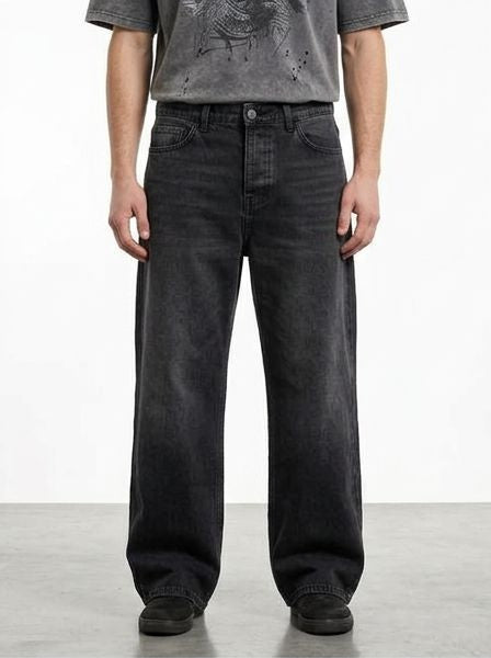 Men's Washed Black Wide-Leg Relaxed Fit Jeans - R217109