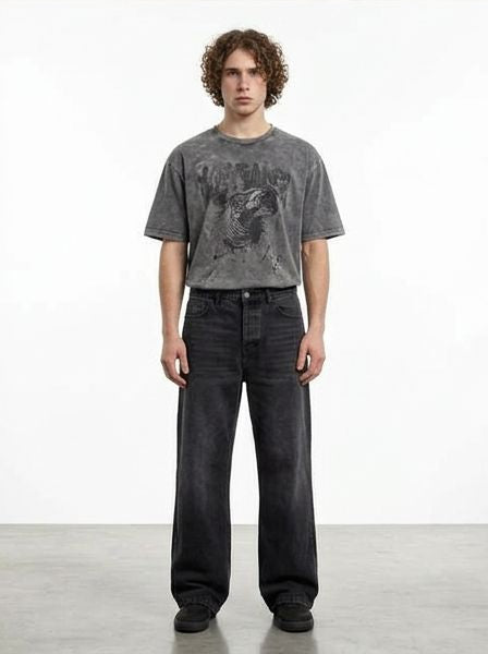 Men's Washed Black Wide-Leg Relaxed Fit Jeans - R217109