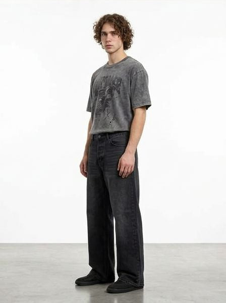 Men's Washed Black Wide-Leg Relaxed Fit Jeans - R217109