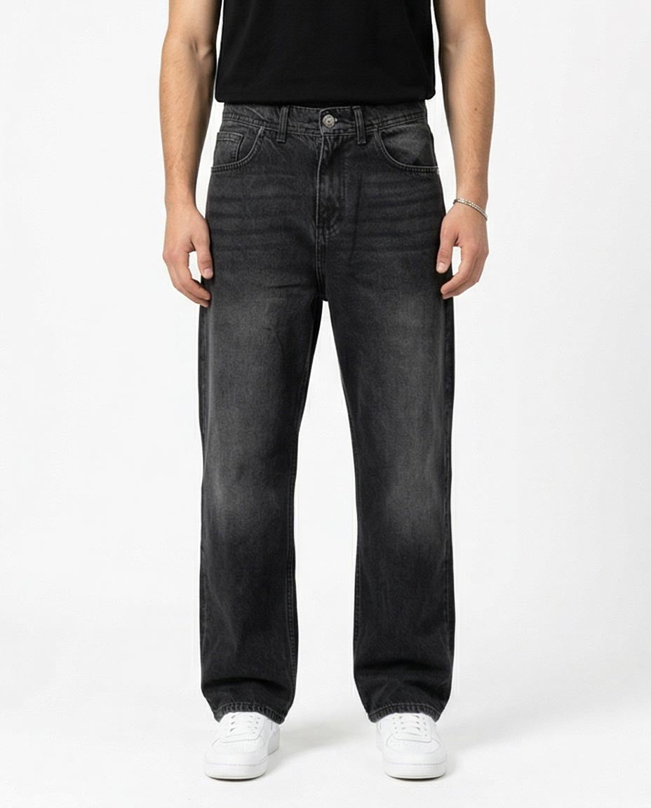 Ravin Washed Black Wide-Leg Relaxed Denim Jeans - R217111