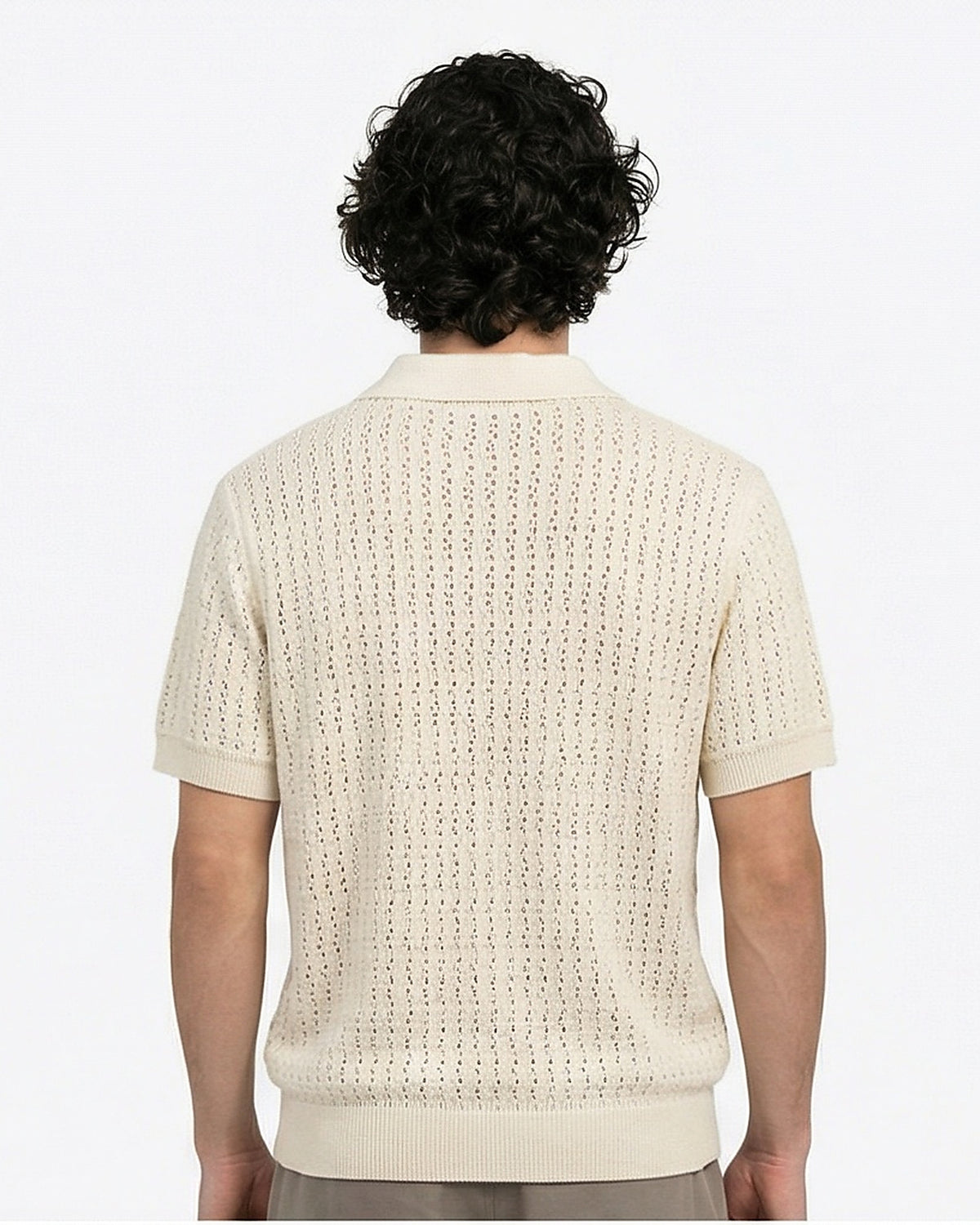 Stone Textured Knit Button-Down Polo Shirt - R217122