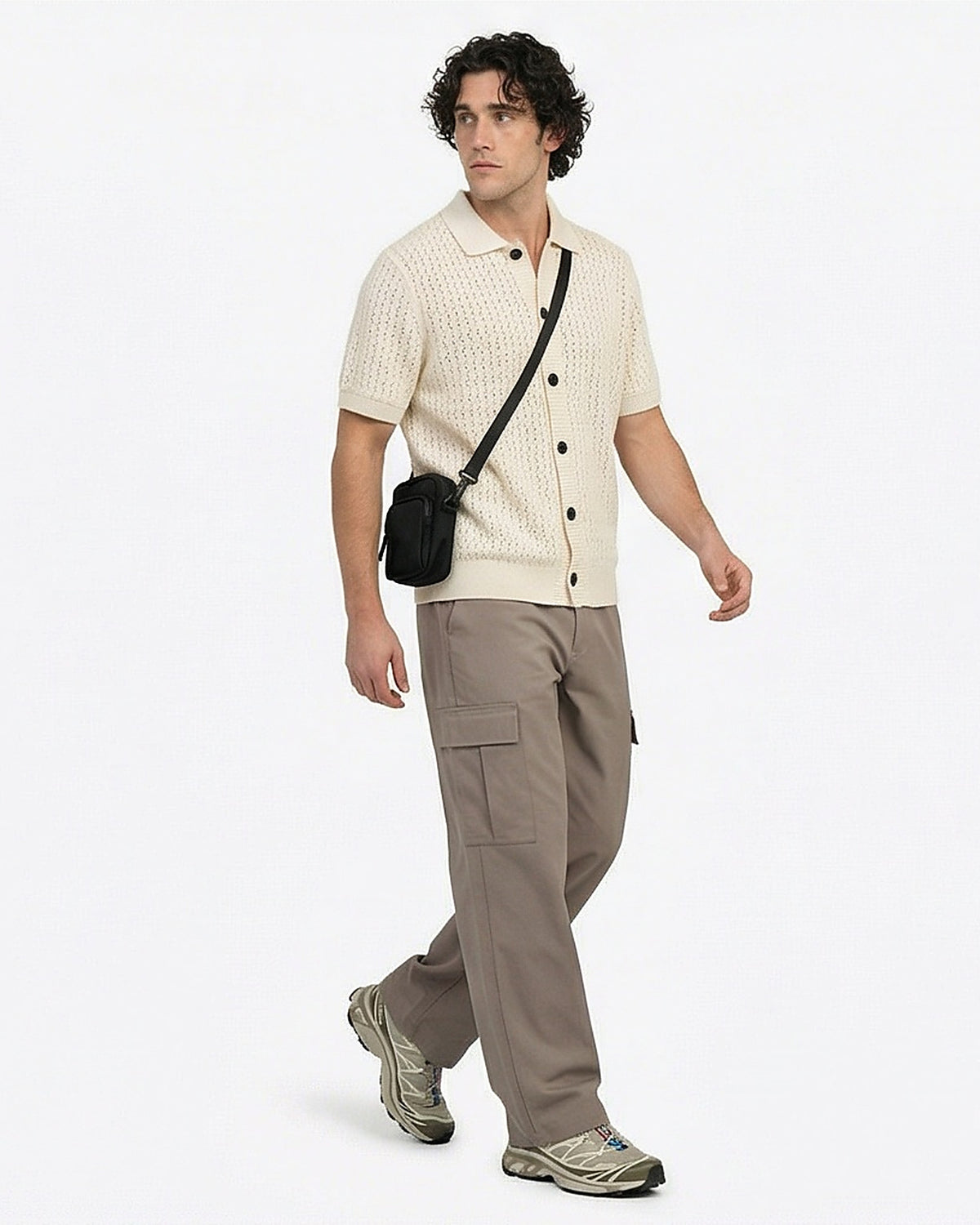 Stone Textured Knit Button-Down Polo Shirt - R217122