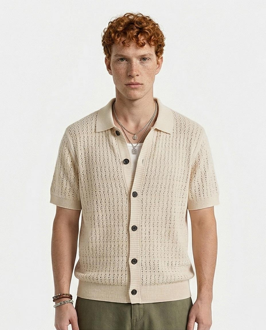 Ravin Men’s Pointelle Knit Short-Sleeve Polo Shirt – Cream - R217124