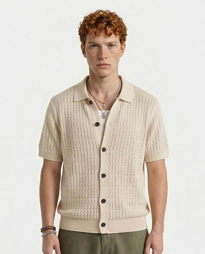 Ravin Men’s Pointelle Knit Short-Sleeve Polo Shirt – Cream - R217124