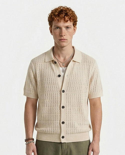 Ravin Men’s Pointelle Knit Short-Sleeve Polo Shirt – Cream - R217124