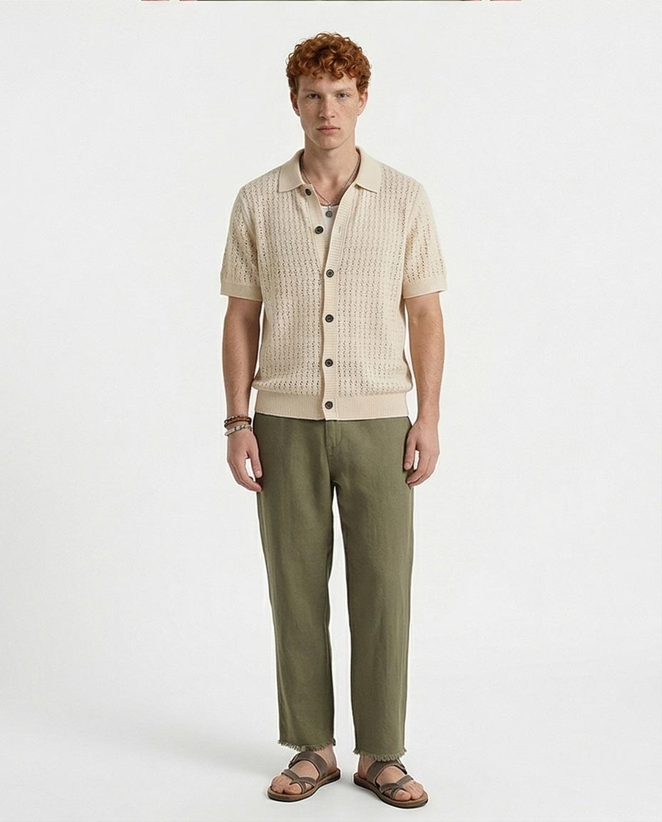 Ravin Men’s Pointelle Knit Short-Sleeve Polo Shirt – Cream - R217124