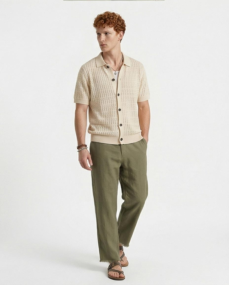 Ravin Men’s Pointelle Knit Short-Sleeve Polo Shirt – Cream - R217124