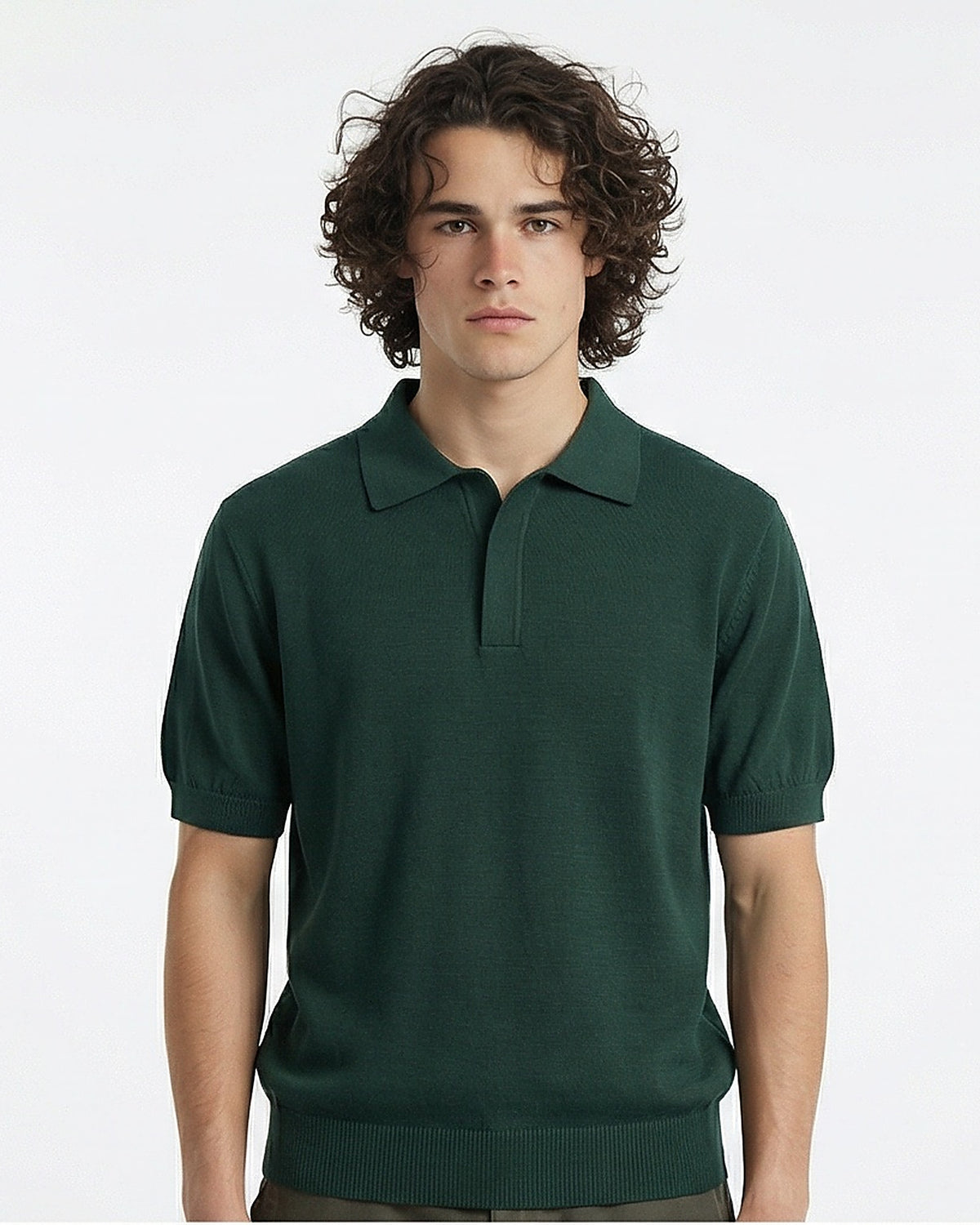 Forest Green Fine-Gauge Knit Polo Shirt - R217126