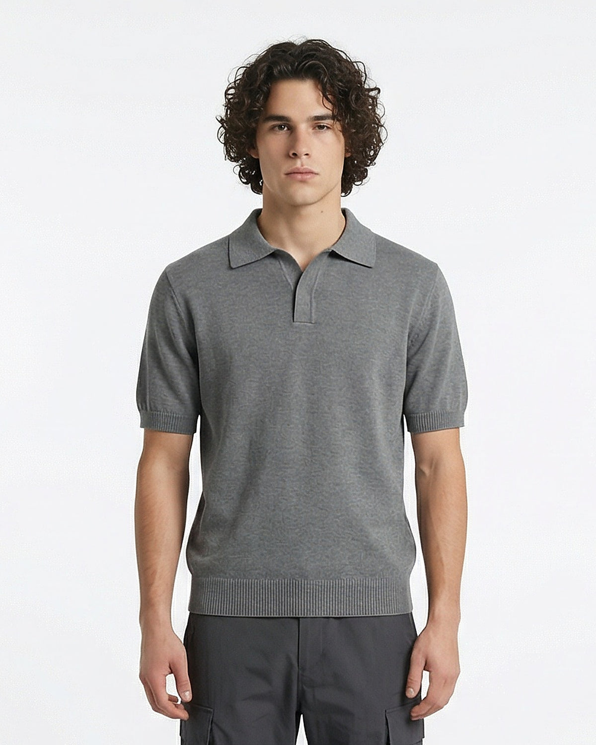 Men's Premium Knit Johnny Collar Polo in Heather Grey