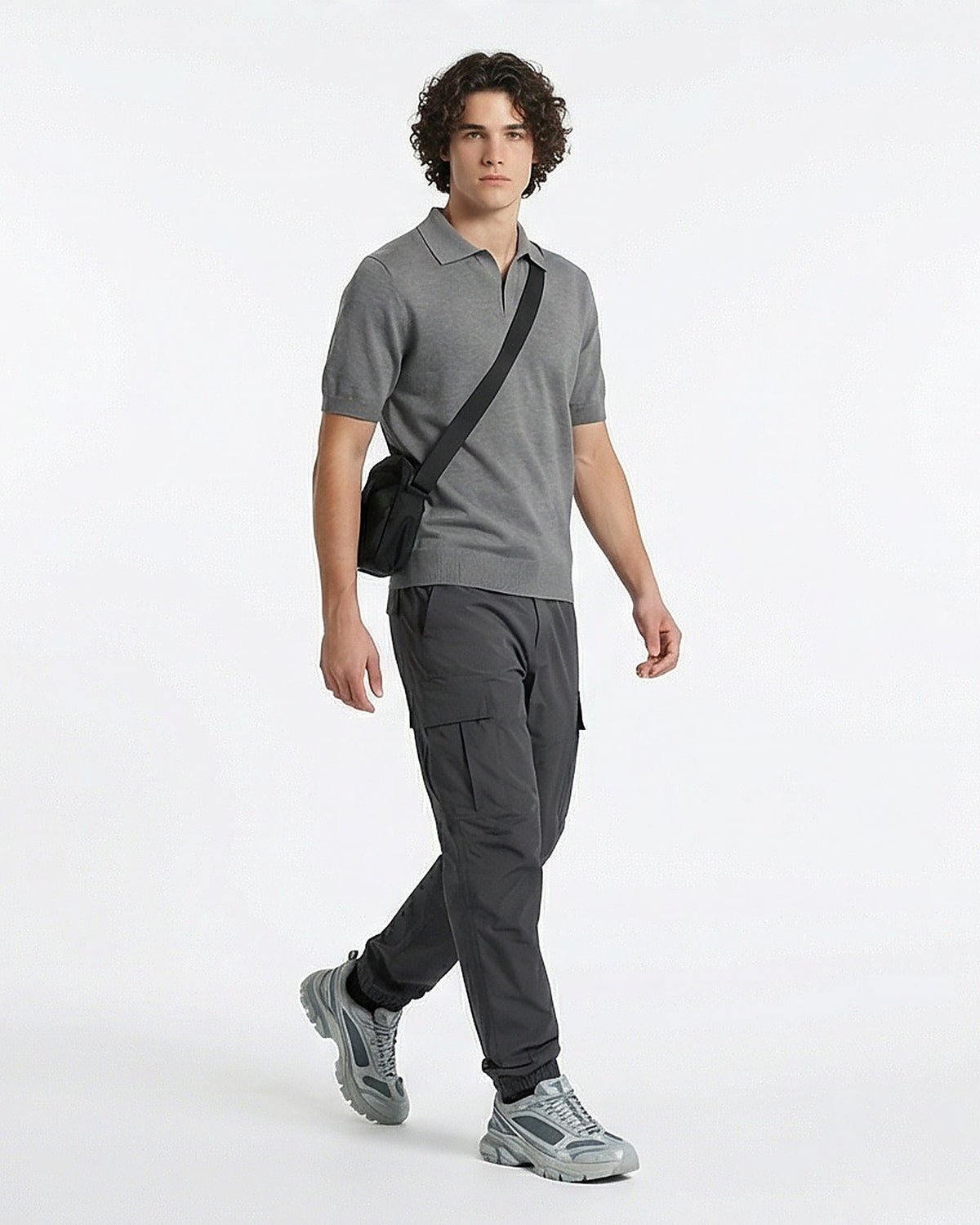 Men's Premium Knit Johnny Collar Polo in Heather Grey