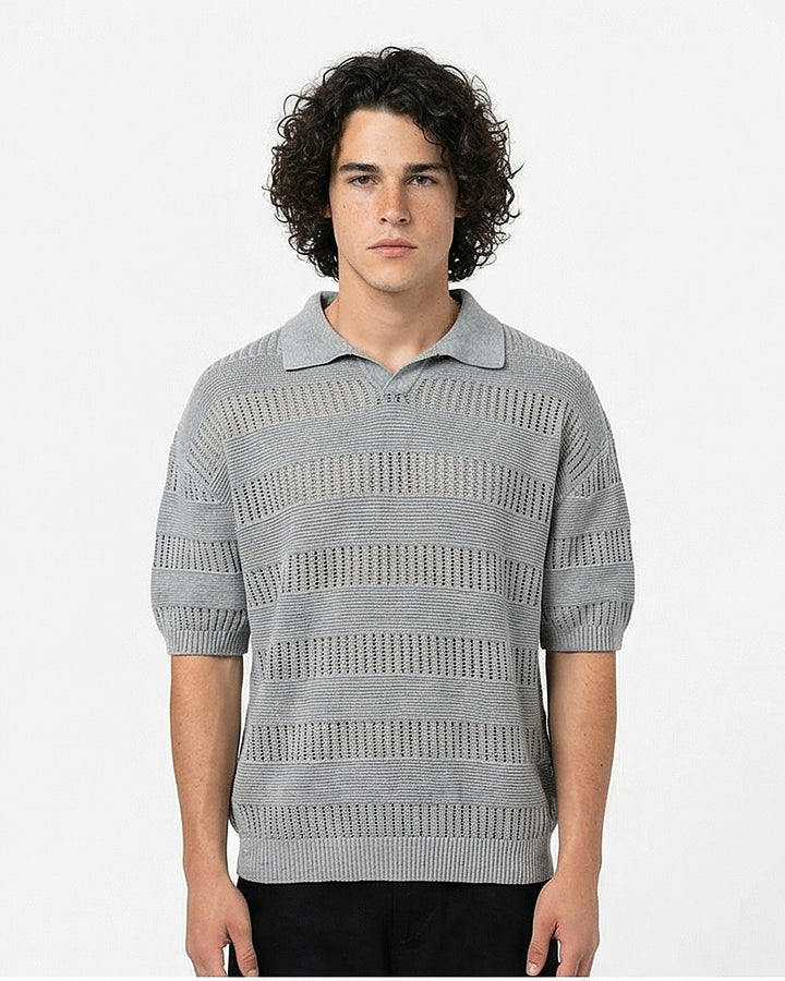 Grey Textured Pointelle Knit Polo Shirt - R217131