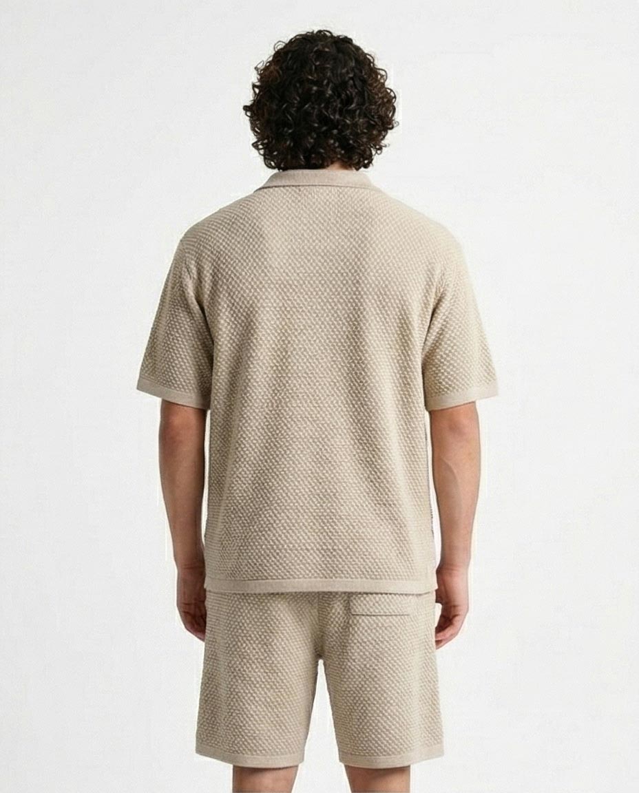 Oatmeal Textured Knit Camp Collar Shirt – Old Money Collection - R217142