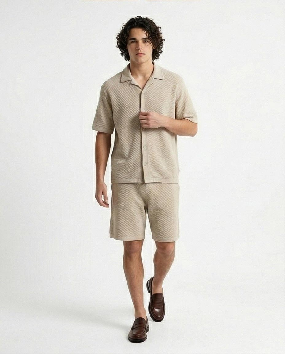 Oatmeal Textured Knit Camp Collar Shirt – Old Money Collection - R217142