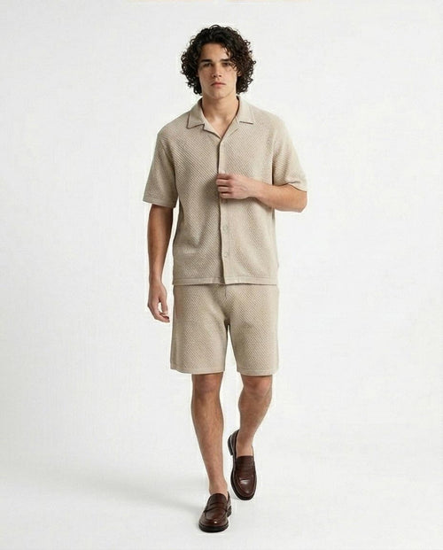 Oatmeal Textured Knit Camp Collar Shirt – Old Money Collection - R217142